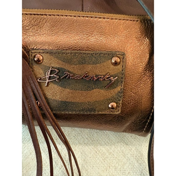 B Makowski Metallic Bronze Brown Pebbled Leather Tassel Crossbody Purse - Picture 10 of 13
